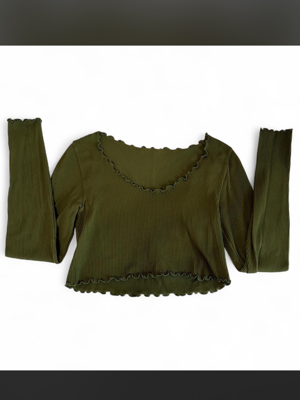 Forever 21 Olive Green Ribbed Lettuce-Edge Long Sleeve Top